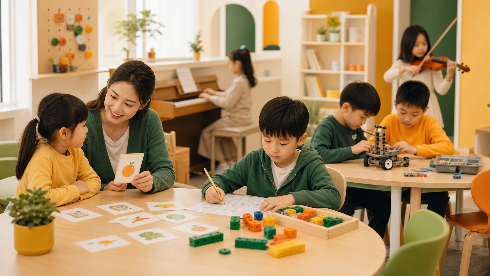 Children in small-group Chinese, math, robotics, piano, and violin enrichment activities