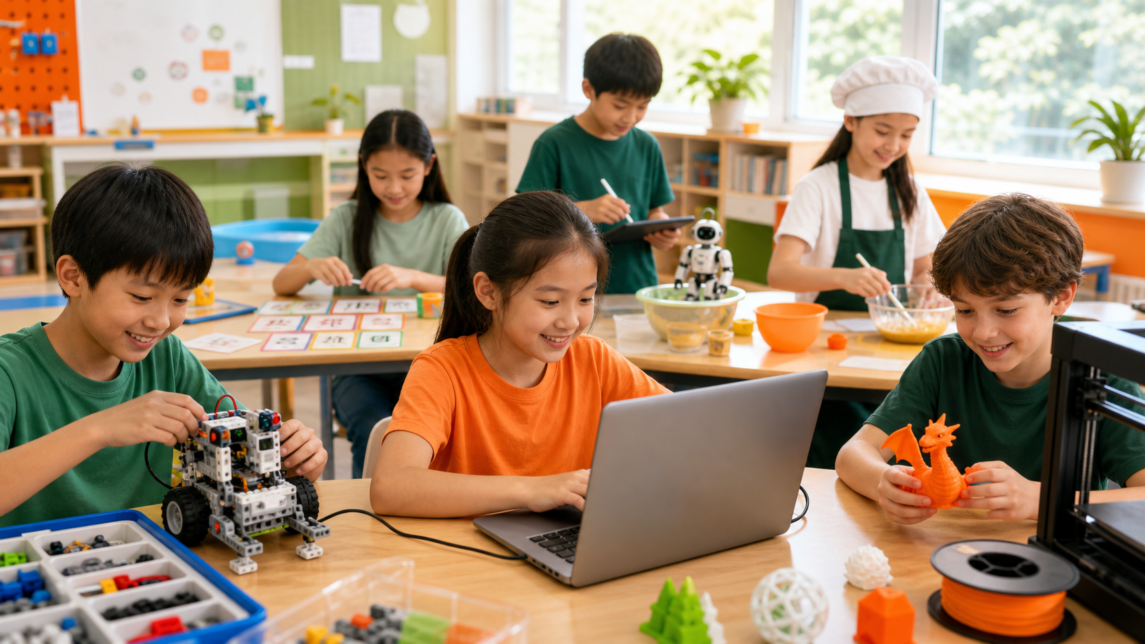 Children working on robotics, coding, cooking, and 3D printing activities in summer camp